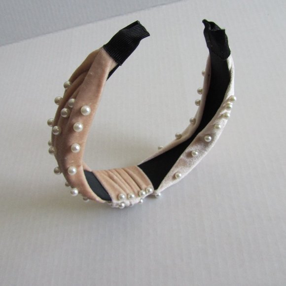 New Women’s Pearl Like Beads Beige Velvet Jeweled Hairband/Headband - Picture 5 of 5